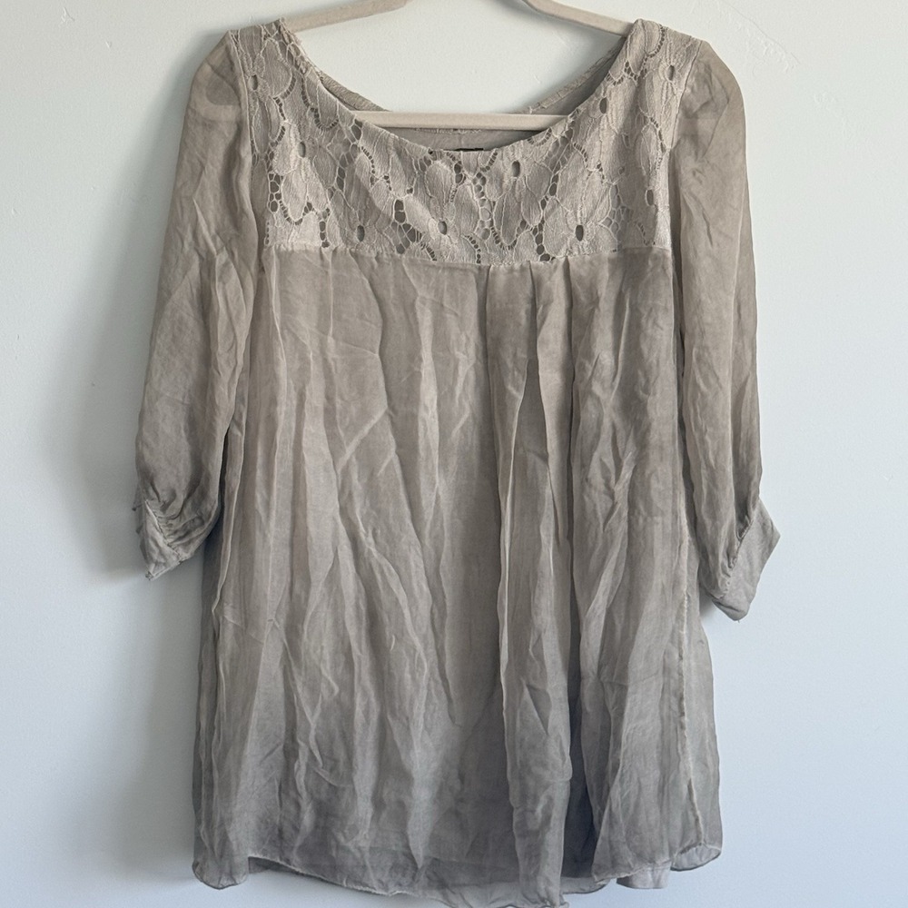 AMANTI Silk Taupe blouse Women M Lace Italy Romantic Poet Forest Fairy Whimsy